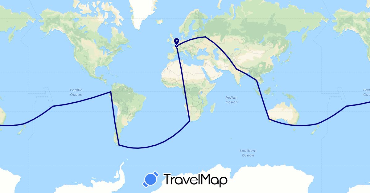 TravelMap itinerary: driving in Argentina, Australia, Ecuador, France, India, New Zealand, Russia, Thailand, South Africa (Africa, Asia, Europe, Oceania, South America)